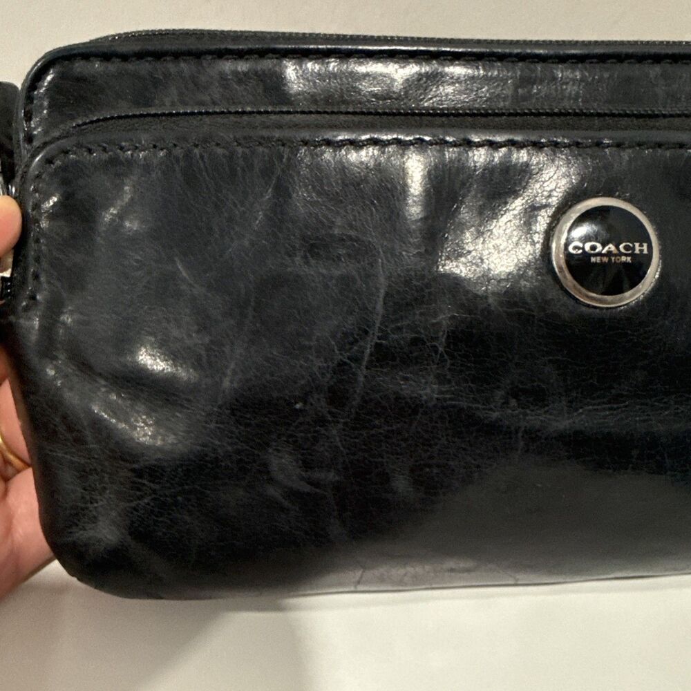 Coach Wristlet Black Leather Wallet Double Zip Striped Legacy Satin Lining 8x4 - Picture 8 of 16